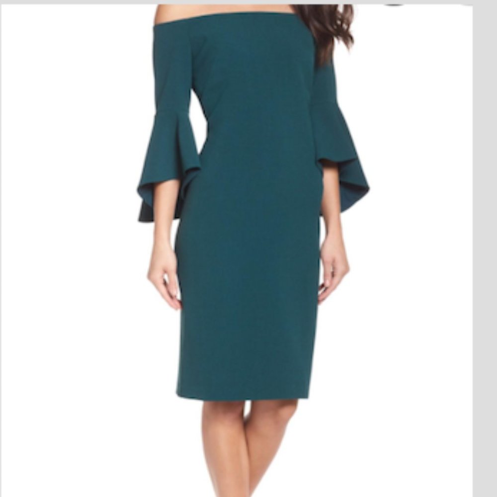 Nordstrom Chelsea 28 Green Off-the-Shoulder Bell Sleeve Sheath Dress (Size: 2)